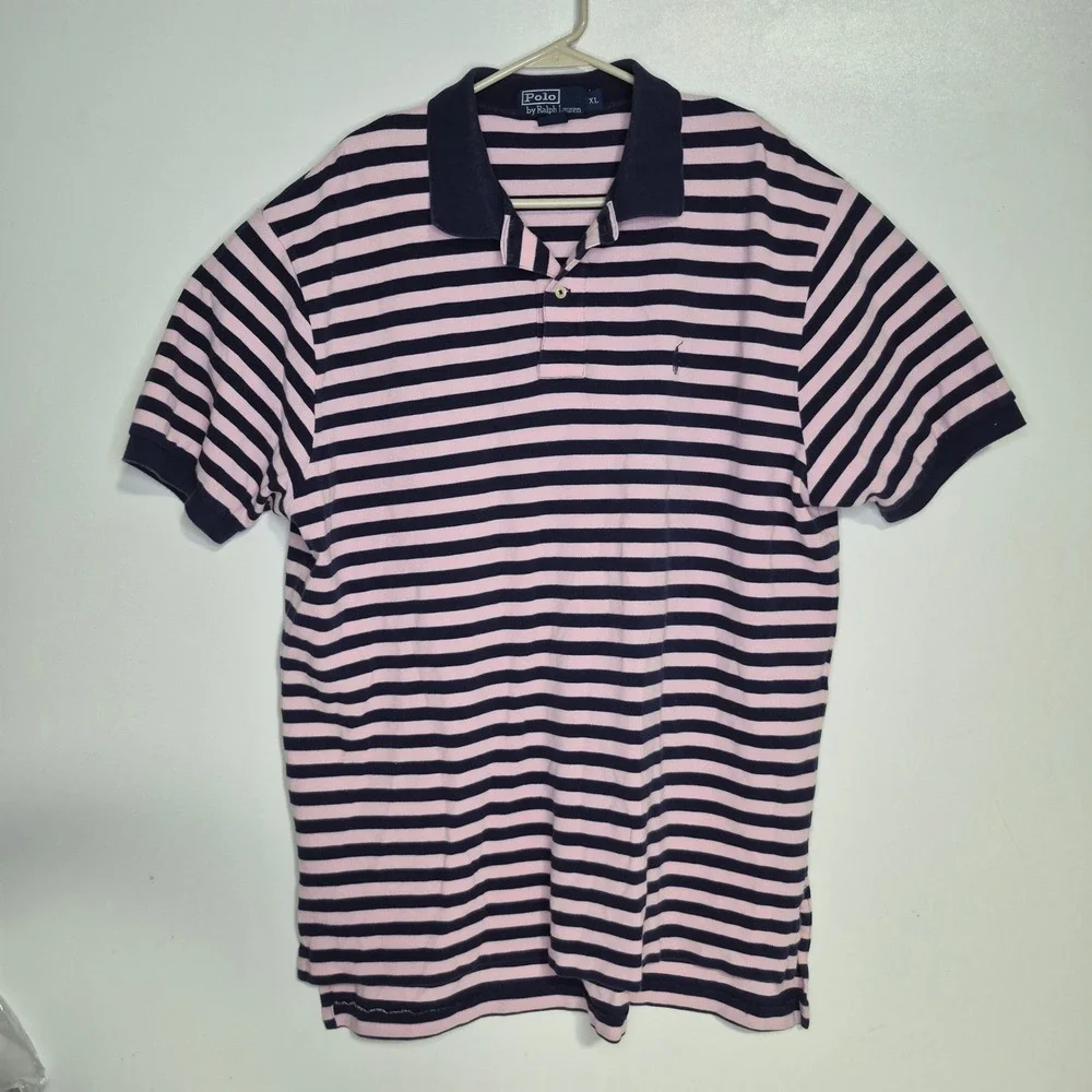Polo Ralph Lauren Polo Shirt Mens XL Pink Navy Striped Cotton Pique Preppy Pony